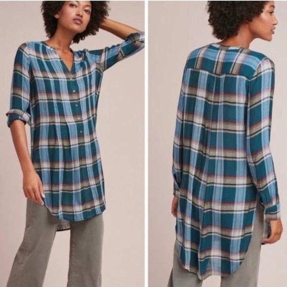 Anthropologie Womens Akemi Kin Plaid Lucie Long Tunic Top Soft Rayon Wool Blouse - Picture 2 of 10